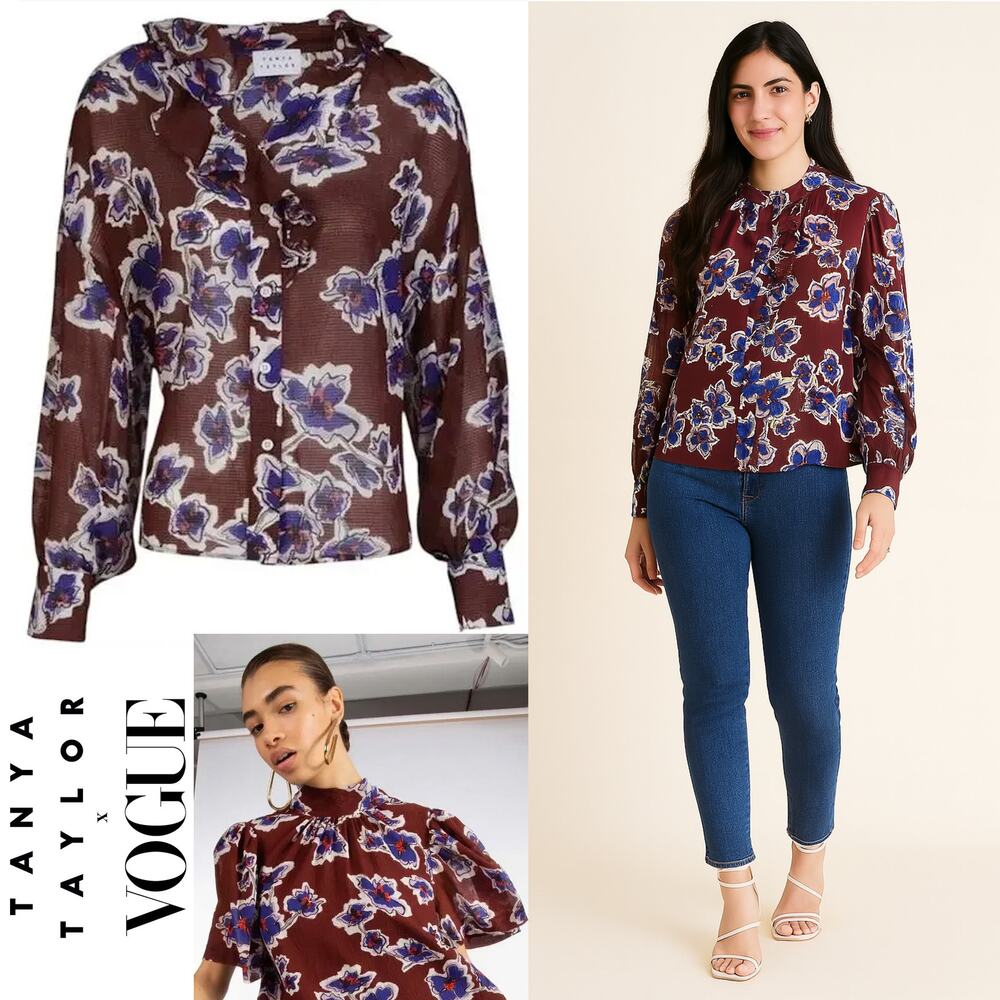 TANYA TAYLOR Dark Purple Burgundy & Blue Purple Floral Silk Blouse Top 6 Medium
